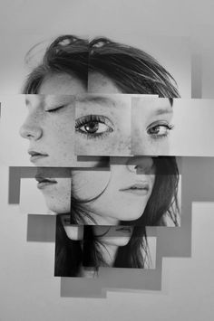 a woman's face is shown with multiple squares around it and the image has been altered