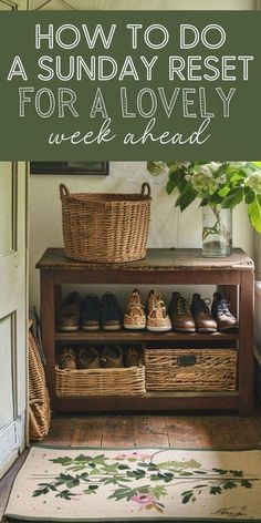 an entryway with baskets and shoes on the floor