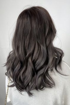 Level 3 Ash Brown Hair, Cool Ash Brown Balayage On Dark Hair, Ashy Brown Hair All Over Color, Dark Smokey Brown Hair Color, Ash Smokey Brown Hair, Dark Ash Balayage Hair, Soft Ash Black Hair, Black Ash Hair Color, Ashy Low Lights For Brown Hair