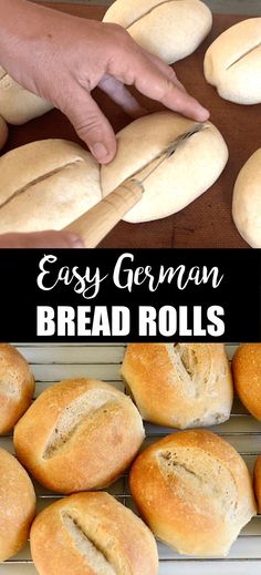 Collage of raw German bread rolls at top and golden brown baked bread rolls at bottom.