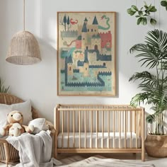 a baby's room with a crib, teddy bear and potted plant