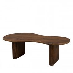 an oval wooden table sitting on top of a white background