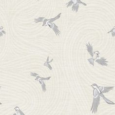 a flock of birds flying across a white and gray background with swirls in the middle