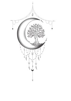 a drawing of a tree on the moon with beads hanging from it's sides