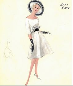 a drawing of a woman wearing a white dress and black gloves with a hat on her head