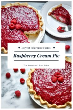 raspberry cream pie on a white plate with the words copycat bremee farms