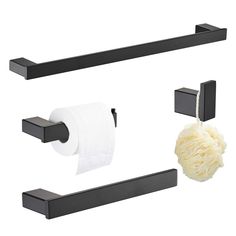 black bathroom accessories including toilet paper and tissue