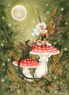 a painting of a fairy sitting on top of a mushroom with a bird perched on it