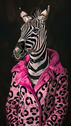 a zebra wearing a pink coat and leopard print jacket