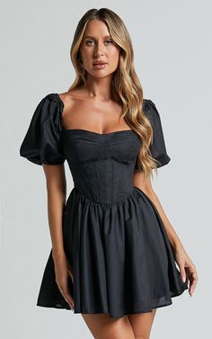 Souza Mini Dress - Fit and Flare Puff Sleeve Corset Dress in Black Satin Corset Dress Short, Cute Club Outfits Going Out, Corset Dress Mini, Honeymoon Fits, Corset Dress Short, Tailor Clothes, Short Corset Dress, Sorority Dresses, Black Puff Sleeve Dress