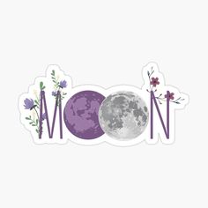 the word mom written in purple and white with flowers next to an moon sticker