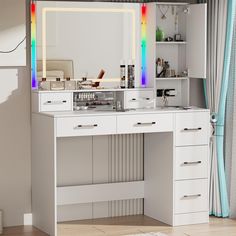 a white desk with a mirror and lights on it