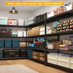 a large metal shelving rack in a room with lots of boxes and other items