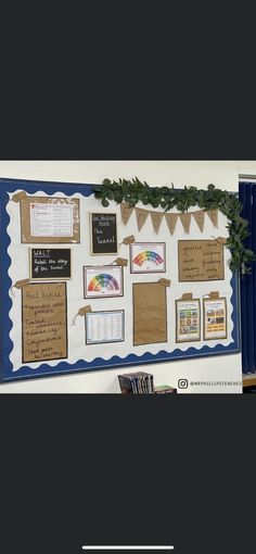 a bulletin board with pictures and writing on it, along with other items for the classroom