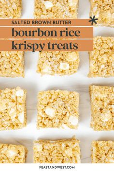 baked brown butter bourbon rice krispy treats with text overlay that reads salted brown butter bourbon rice krispy treats