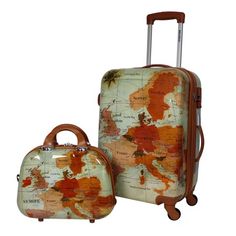 two pieces of luggage with maps on them