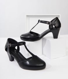 Unique Vintage Black Leatherette Closed Toe T-Strap Roxy Pumps - Unique Vintage - Womens, SHOES, HEELS Flapper Shoes, Princess Wardrobe, Jazz Night, 1930s Shoes, 1950s Shoes, 1920s Shoes, Dance Partner, Flapper Costume, Boost Shoes