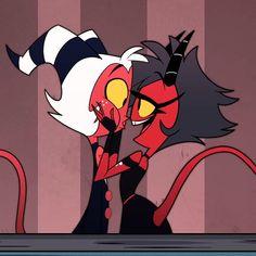 two cartoon characters hugging each other in front of striped wallpaper, one is red and the other is black