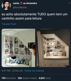 "Eu acho absolutamente TUDO quem tem um cantinho assim para leitura". (estante de livros) Classroom Interior, Tumblr Bedroom, Pretty House, Dream Bedroom, House Inspo, Dream Room, New Room, Future House, Room Inspo