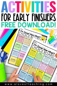 the free printable worksheet for early finishers is shown with text overlay