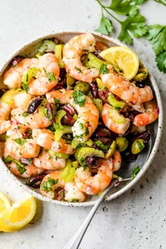 Italian Shrimp Salad with olives Mediterranean Shrimp Salad, Shrimp Salad Recipes Healthy Low Carb, Shrimp Salad Recipes Healthy Lettuce, Healthy Shrimp Salad Clean Eating, Italian Shrimp Salad Skinnytaste, Dinner Soups, Italian Shrimp, Lemony Dressing, Dinner Seafood