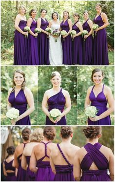 bridesmaids in purple dresses and bouquets at the same time, posing for pictures