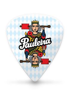 a blue and white guitar pick with an image of a woman holding a flag on it