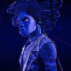 a digital painting of a woman with blue hair and piercings on her head, in front of a dark background