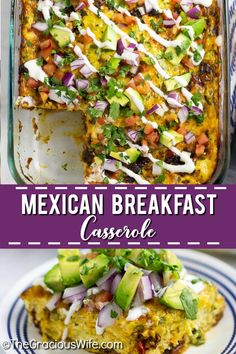 mexican breakfast casserole with avocado, cilantro and red onion