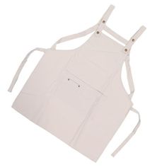 an apron that is white and has two straps on the front, one with a pocket for