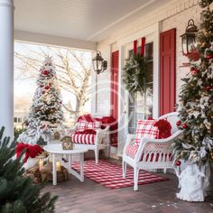 a porch decorated for christmas with red and white decorations