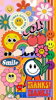 a bunch of stickers that are on the side of a wall with flowers and smiley faces