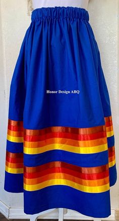 Traditional Ribbon Skirt Royal Blue Solid With Yellow, Orange, Red & Rust Ribbons Large - Etsy Canada Blue Ribbon Skirts Native American, Ribbon Skirts Pattern, Arthur Spiderwick, Ribbon Dresses, Native Clothing, Native Fashion, Traditional Skirts, Skirt Pattern Free, Patchwork Ideas