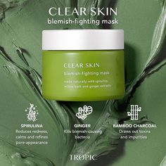 the clear skin mask is on top of a green leafy background with information about it