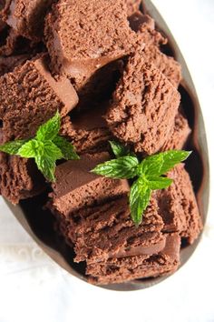 chocolate ice cream with mint sprigs in a bowl