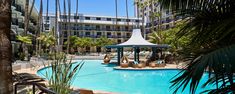 an outdoor swimming pool surrounded by palm trees and tall buildings in the background with lounge chairs around it