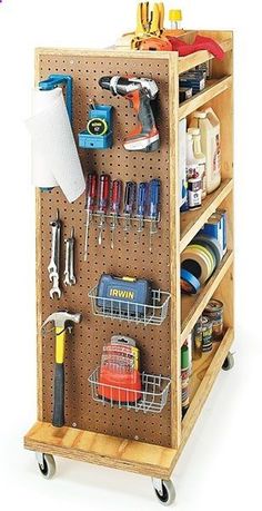 a wooden shelf filled with lots of tools