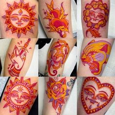 the sun and moon tattoos are all different colors