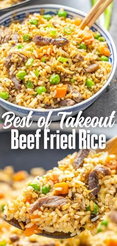 the best takeout beef fried rice in a bowl with chopsticks on top