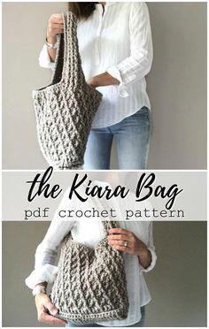 two pictures with the same bag in different colors and sizes, one is made out of crochet