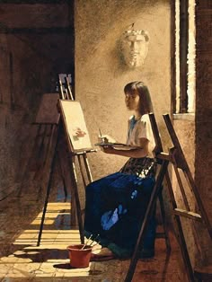 a woman sitting in front of an easel painting