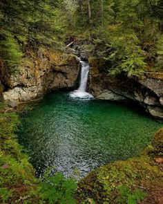 a small waterfall in the middle of a forest