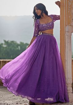 Purple Satin Organza Lehenga Set Zoon Tribe - Fabilicious Fashion Lehenga Back Neck Design, Aari Work Blouse With Net, Mukaish Embroidery, Purple Lehenga, Formal Ideas, Ghaghra Choli, Crop Top Lehenga, Simple Lehenga, Organza Lehenga