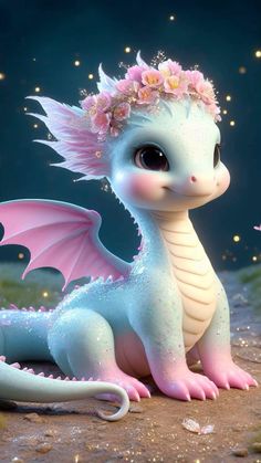 a blue and pink dragon with flowers on its head sitting in the sand at night