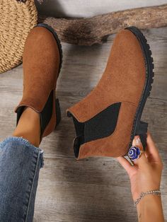 Women's Fashion Faux Suede Plus Size Ankle Boots, Chunky Heel Round Toe Brown Versatile Chelsea Boots, Fleece Lining Slip-On Casual Booties Brown         Women Shoes, size features are:Bust: ,Length: ,Sleeve Length: Trendy Brown Chelsea Boots For Winter, Trendy Brown Booties For Winter, Ankle-high Suede Booties For Winter, Trendy Flat Heel Chelsea Boots For Fall, Winter Suede Ankle-high Chelsea Boots, How To Wear Ankle Boots, Ankle Boots Dress, Boots Dress, Botas Chelsea