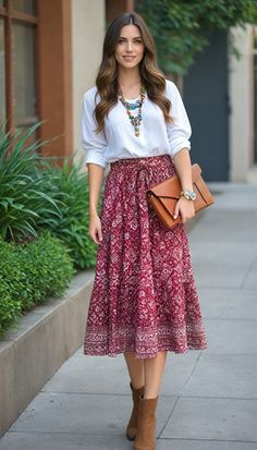 Blend boho with office chic in a midi skirt, boho blouse, statement necklace, and ankle boots. Workday style with a boho touch! #BohoOffice #MidiSkirt #WorkFashion #BohoChic #OfficeStyle #ootd #fashion #outfits Boho Office Clothes, Boho Chic Professional Outfits, Stylish Conservative Outfits, Boho Business Casual Outfits, Boho Outfits For Work, Modest Skirts Outfits, Boho Chic Work Outfit, Girly Feminine Outfits, Boho Work Outfit Business