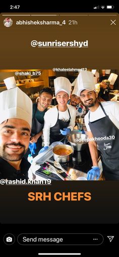 some people are posing for a photo in front of the camera with their chef's hats on