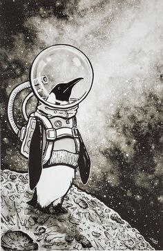 a black and white drawing of a penguin wearing an astronaut's helmet on top of a rock