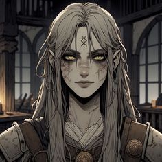 a woman with long white hair and yellow eyes