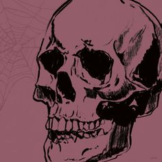 a black and white drawing of a skull on a pink background with spider webs